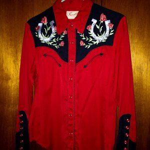 Scully Ladies Red/Black Western Snap Shirt - Horseshoes & Roses - Size Medium